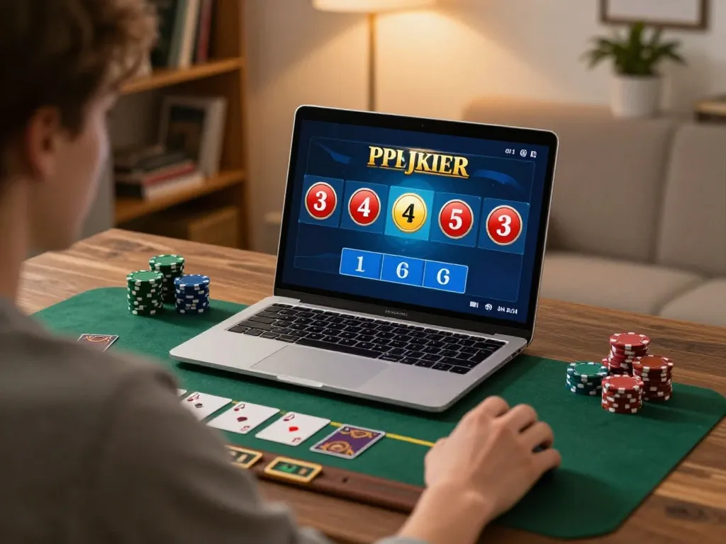 SUNWIN player engaging in online blackjack, strategizing for a potential win in a cozy home atmosphere.