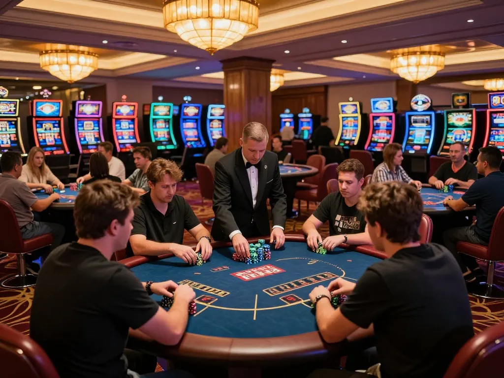 HM88 players placing bets at exciting casino poker tables amidst vibrant atmosphere