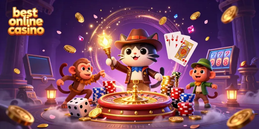 Experience the thrill at the best online casino with an explorer cat and monkey in a vibrant 3D scene.