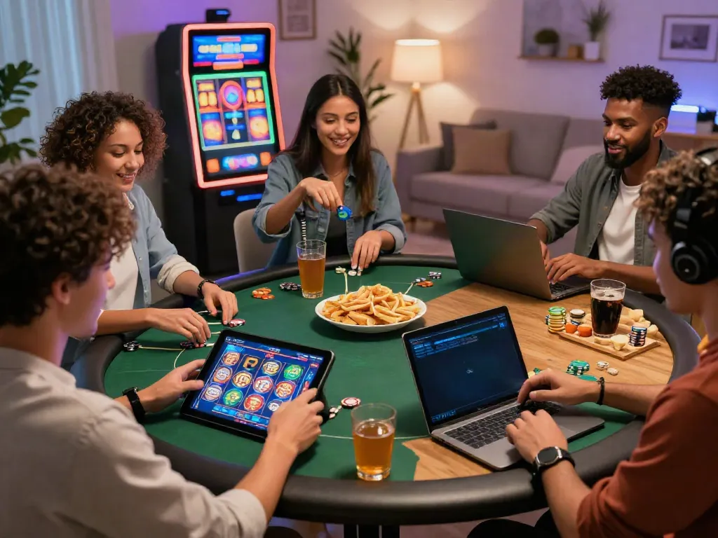 Engaging online gaming scene at https://xx88.day/ with friends enjoying poker and slots in a stylish living room.