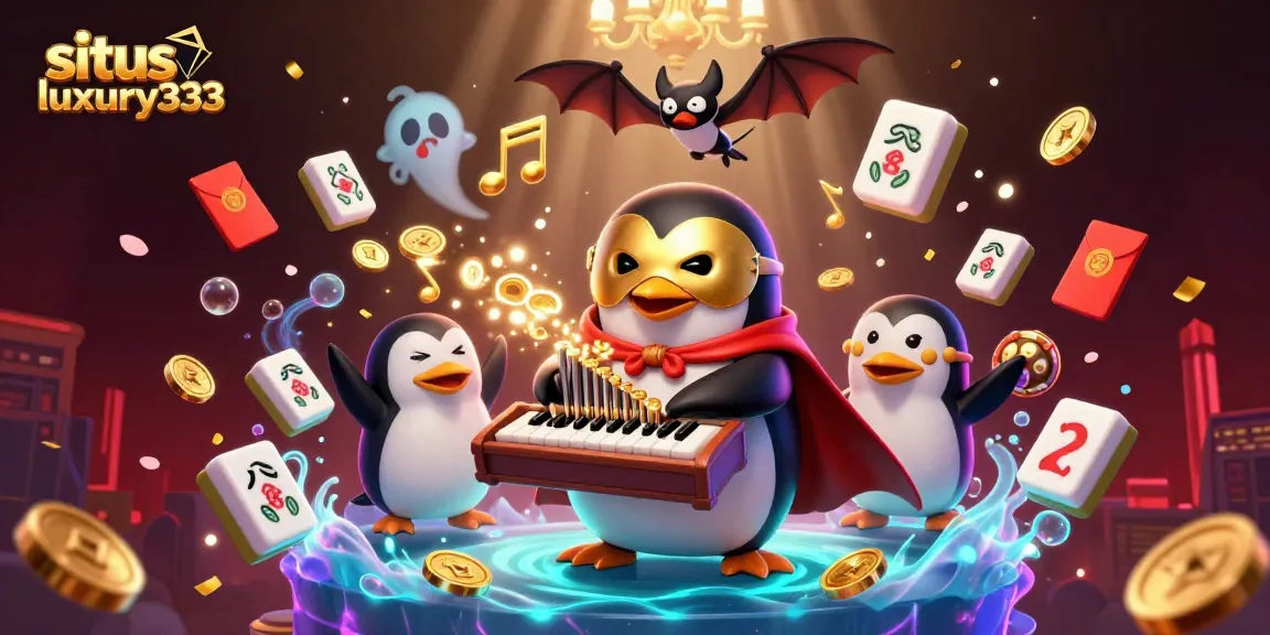 Gambarlah aksi situs luxury333 dengan simbol slot, penguin misterius, dan koin emas melayang di udara.