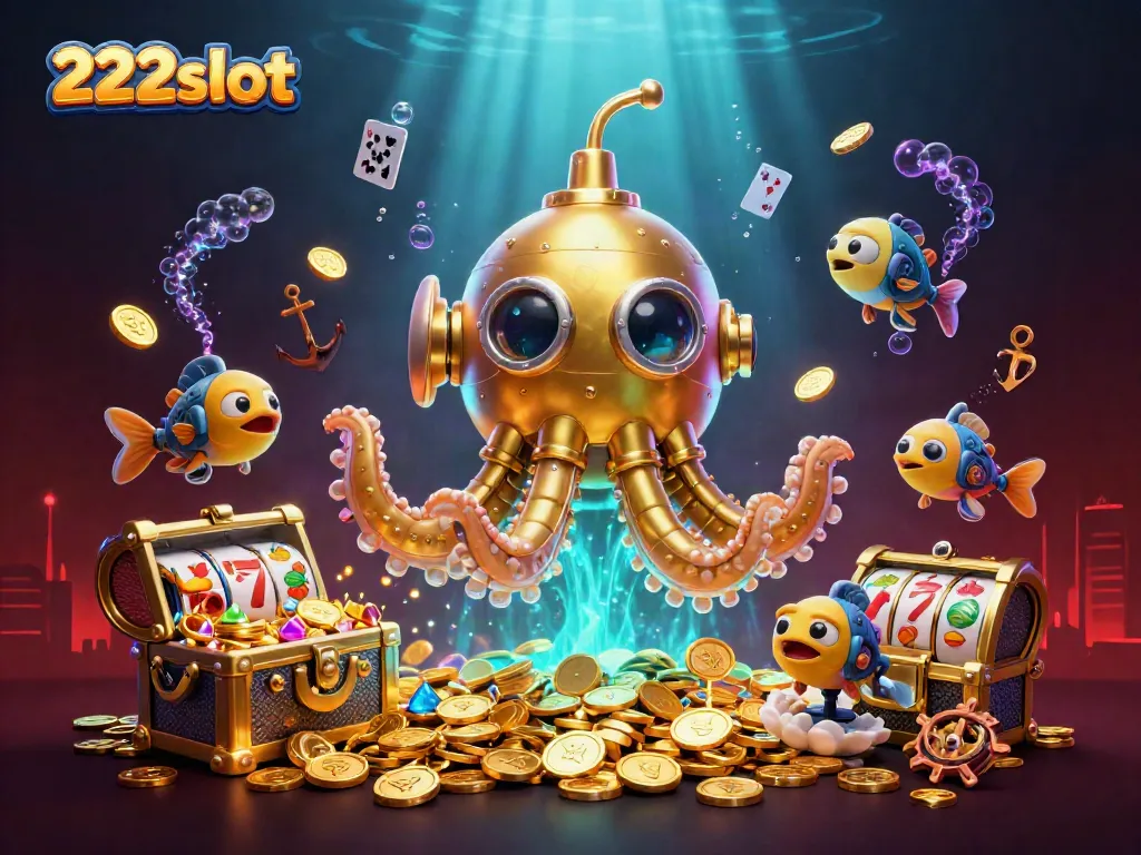 Permainan 222slot yang menarik dengan karakter kraken emas dan koin emas, mengundang keseruan.