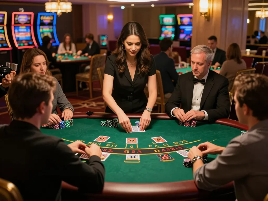 Berkecimpung dalam sesi slot dalam talian yang mendebarkan di kasino dealer langsung yang mewah, dengan pemain merancang strategi untuk blackjack.