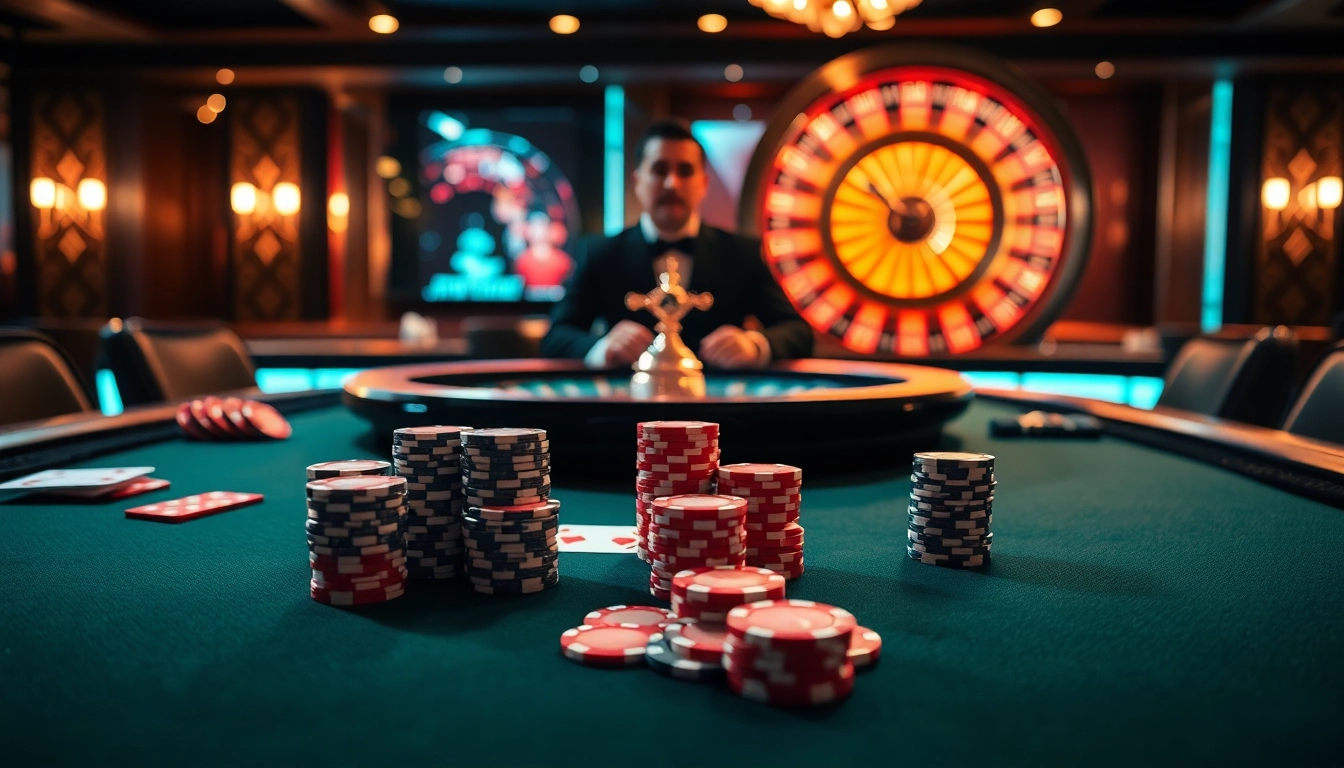 Winning at poker with high stakes at DF999, featuring chips and cards in a luxurious casino setting.