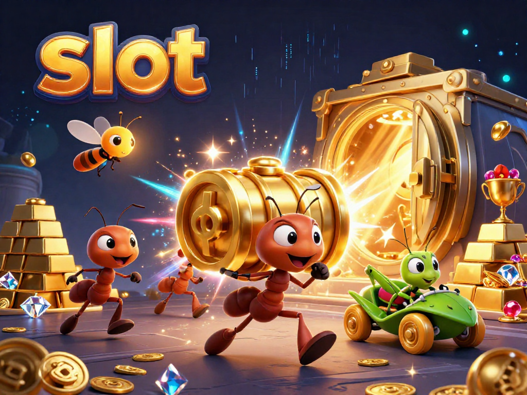 Ants stealing a giant golden slot symbol in a vibrant casino scene with sparkling treasures.