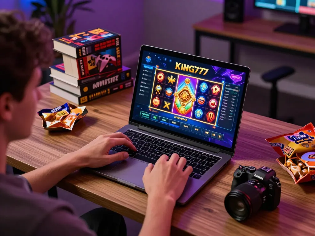 Berinteraksi dengan aplikasi kasino KING777 di laptop modern, menunjukkan pengalaman perjudian online yang menegangkan.