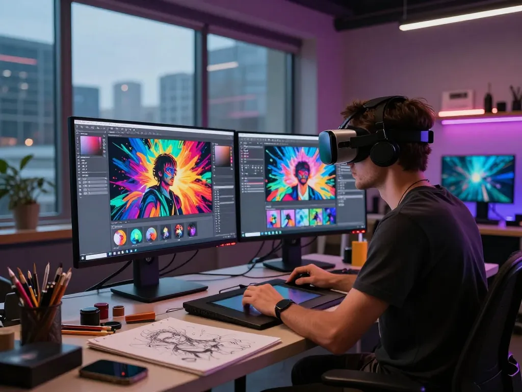 AI NSFW image generation depicted in a digital art studio with an artist creating vivid artwork using advanced technology.