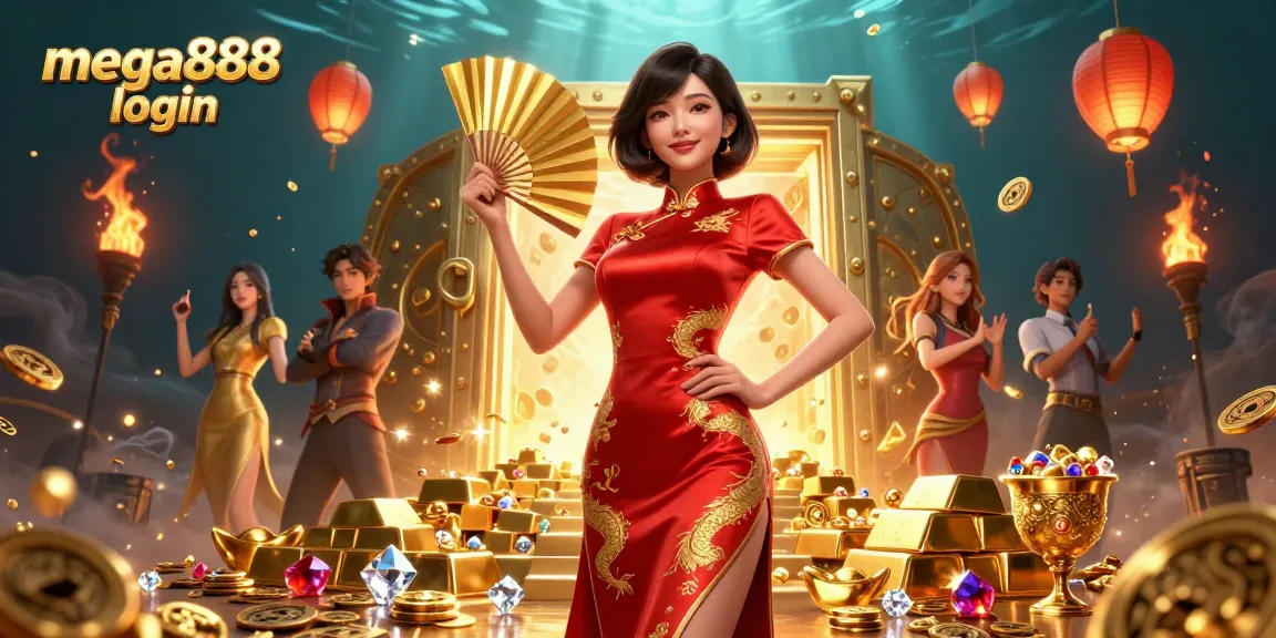 Terlibat dalam login mega888 dan temui harta karun emas dalam ilustrasi bertema kasino yang ceria.