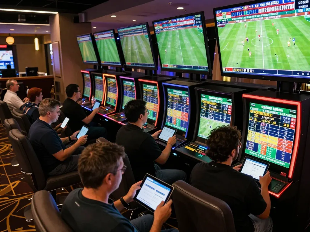 Engaged bettors analyzing odds in keo bong da truc tuyen at an upscale sports lounge