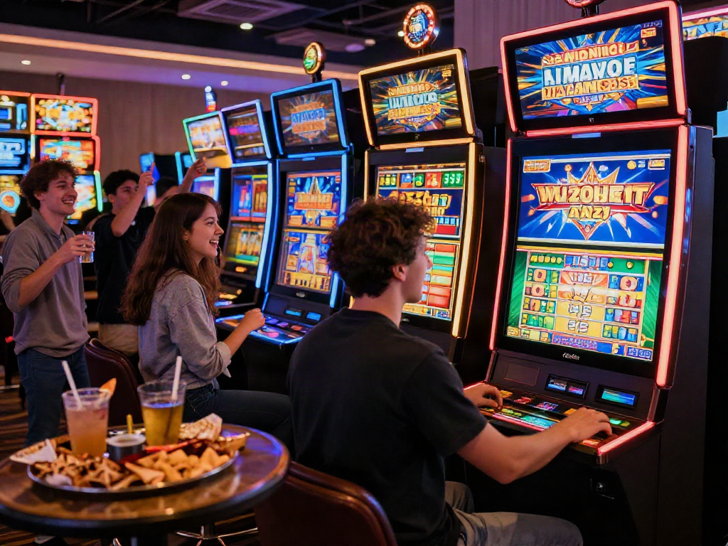 Person playing a slot machine in a vibrant casino, showcasing excitement and entertainment.