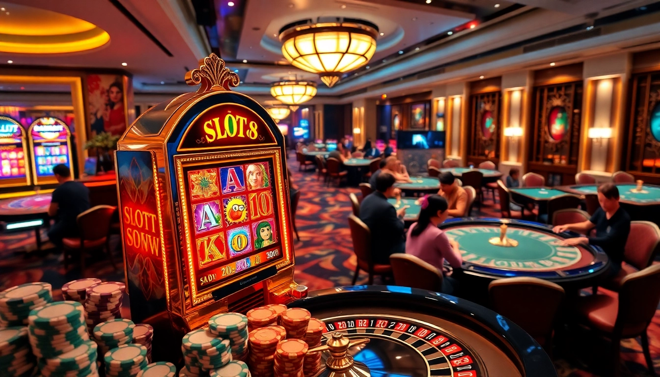 Exciting gameplay on เว็บตรง SLOT888 slot machines in a luxurious casino environment.