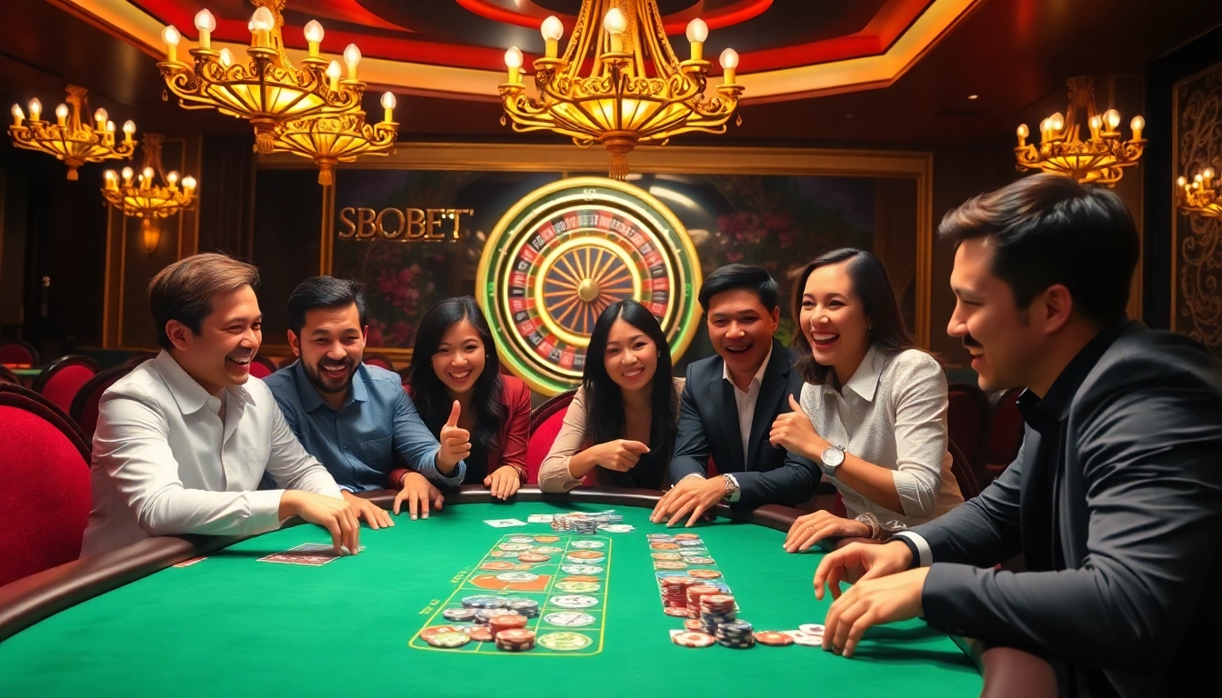 Experience sbobet login indonesia at a vibrant online casino table with excited players and colorful game elements.