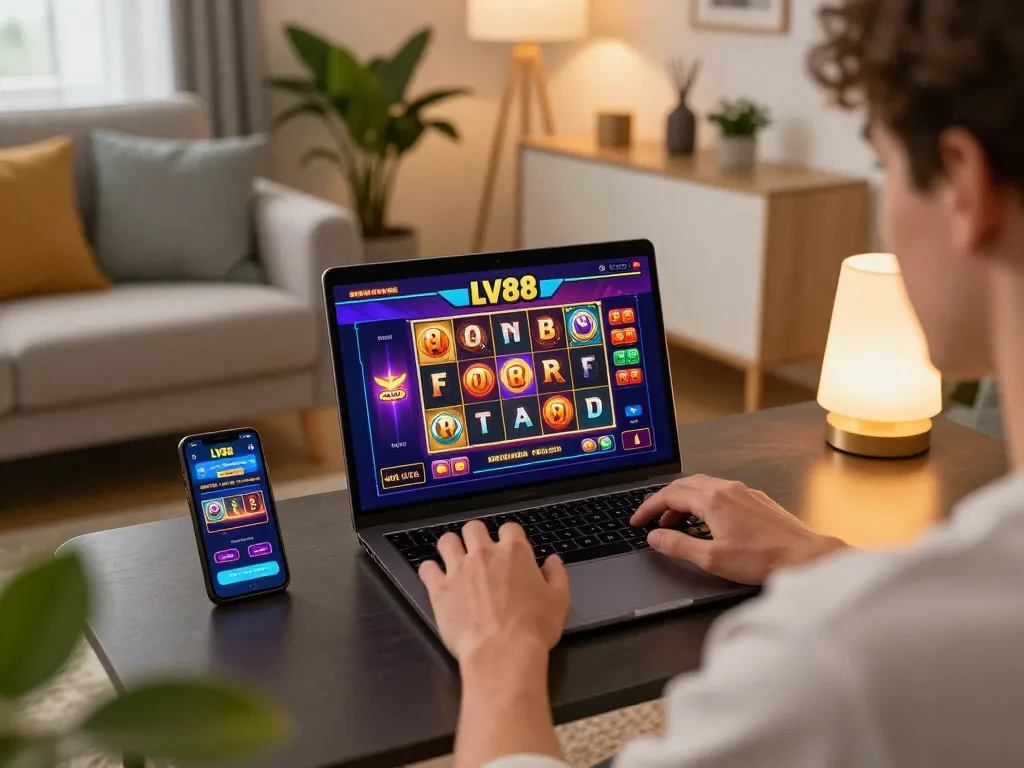 Engaged player enjoying LV88 online gaming on a stylish laptop in a cozy home setting.