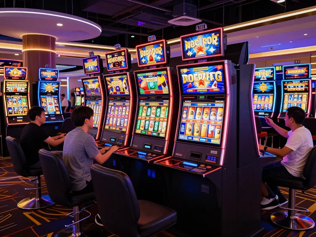 Players enjoying slot online games in a vibrant casino with colorful machines and cheering.