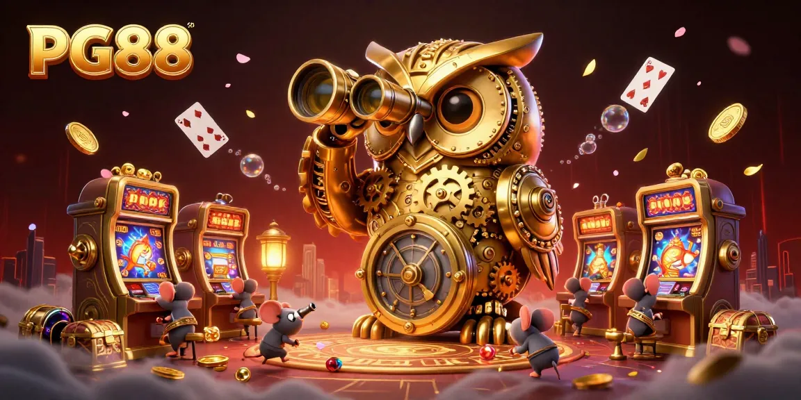 Experience the thrill at PG88 casino where a clockwork owl oversees lively games and hidden treasures.