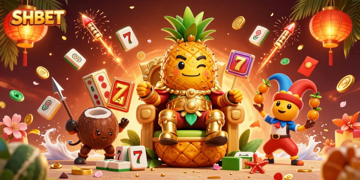 Experience the vibrant casino action with SHBET, featuring a golden pineapple king and lively elements.