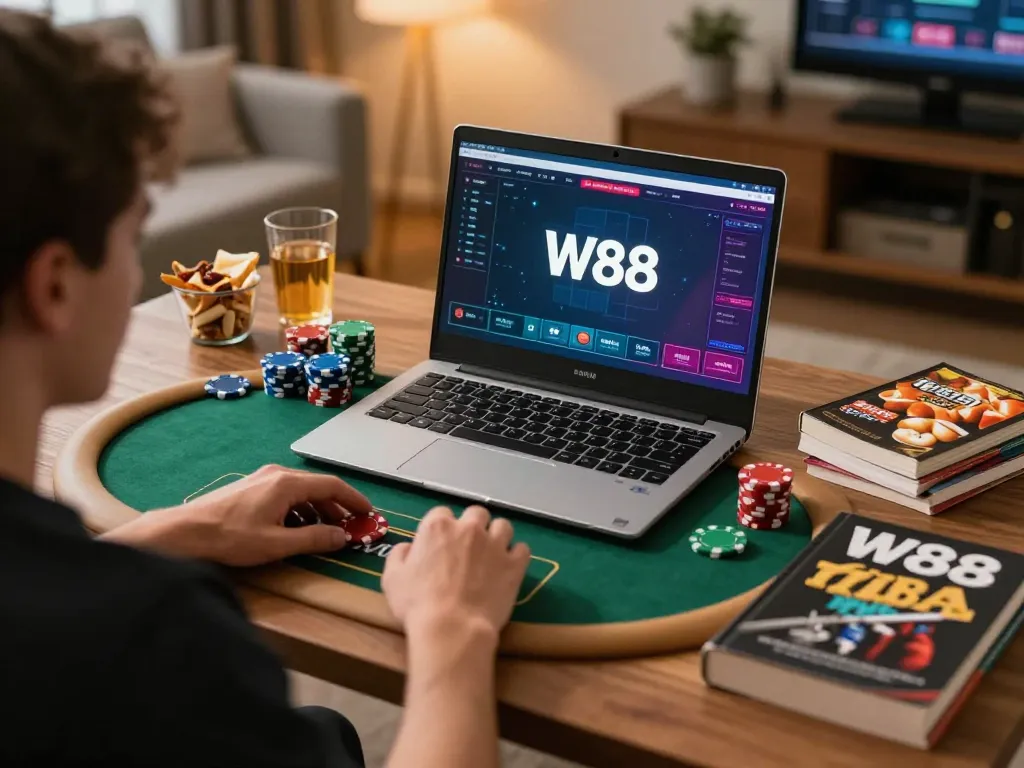 Engaging in online poker gameplay at W88 with strategy notes and warm home setting.