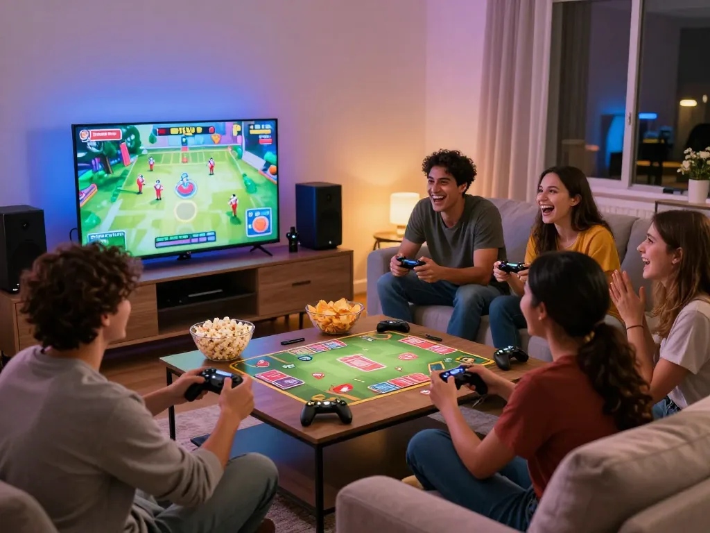 Friends enjoying link sunwin uy tín game night in a stylish living room