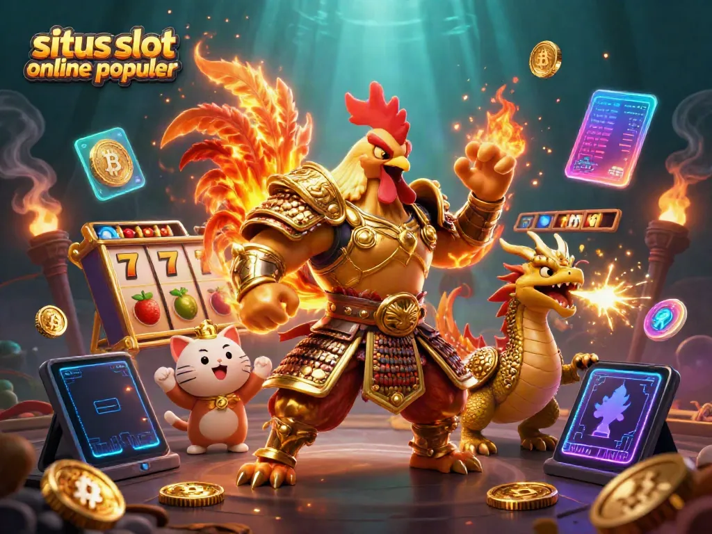 Karakter ayam bertarung dalam armor emas dan naga muda, menggambarkan situs slot online populer dengan simbol permainan.