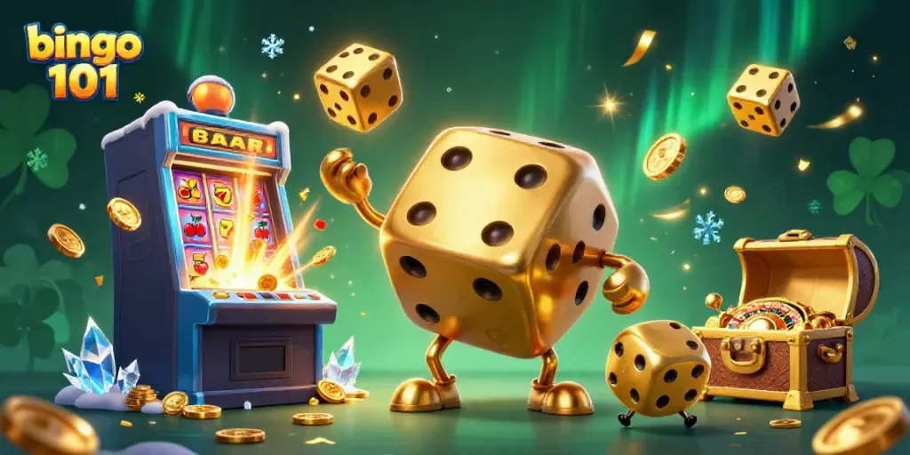 Experience a thrilling game of bingo 101 with dynamic visuals, featuring golden dice and slot machines.