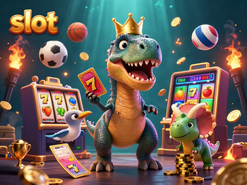 Slot mesin yang menarik dengan Dinosaurus dan peta permainan kartu di sekitar.