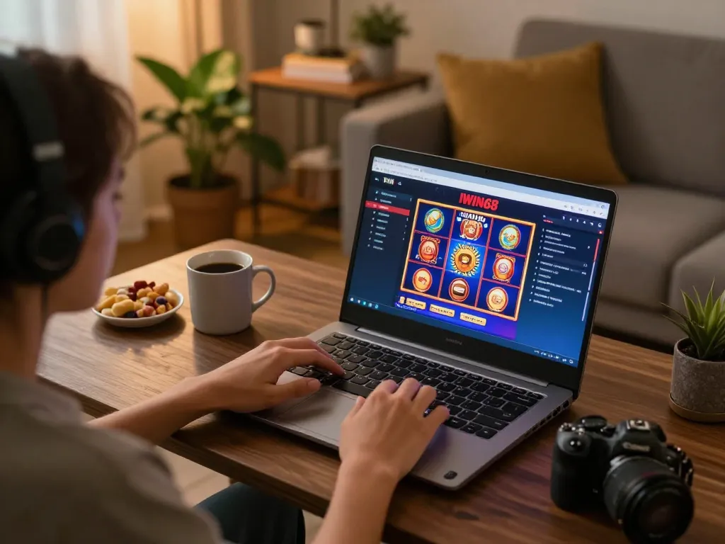 IWIN68 player enjoying an online casino game on laptop at home with strategic notes nearby.