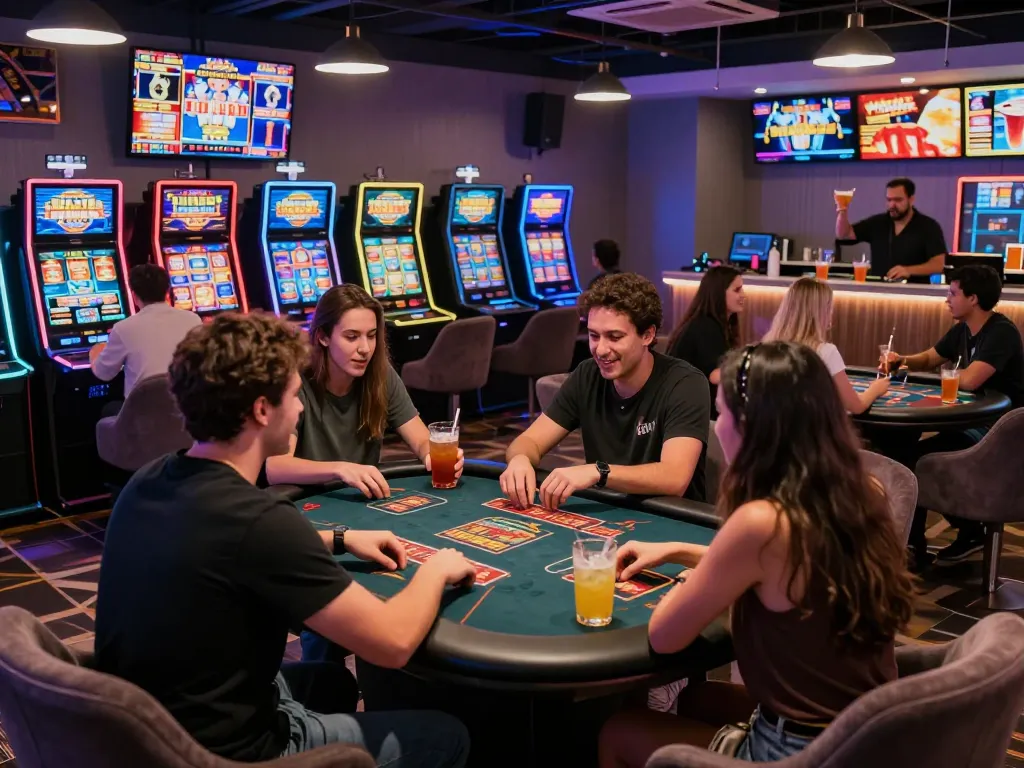 A lively gaming lounge scene showcasing 32win.com with friends engaged at casino games and exciting promotions.