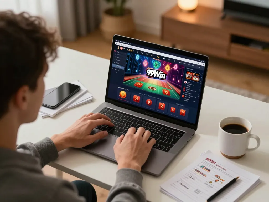 Engaging in gameplay on 99Win's online casino platform with a cozy home setup