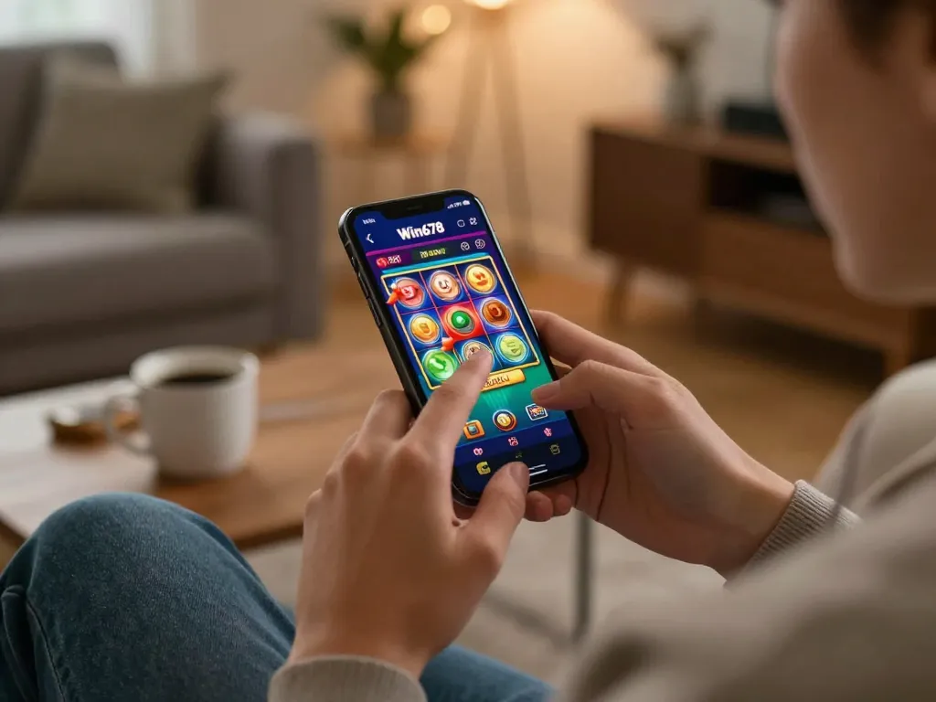 Engaging with Win678 casino app for immersive slot gameplay on smartphone in cozy home setup.