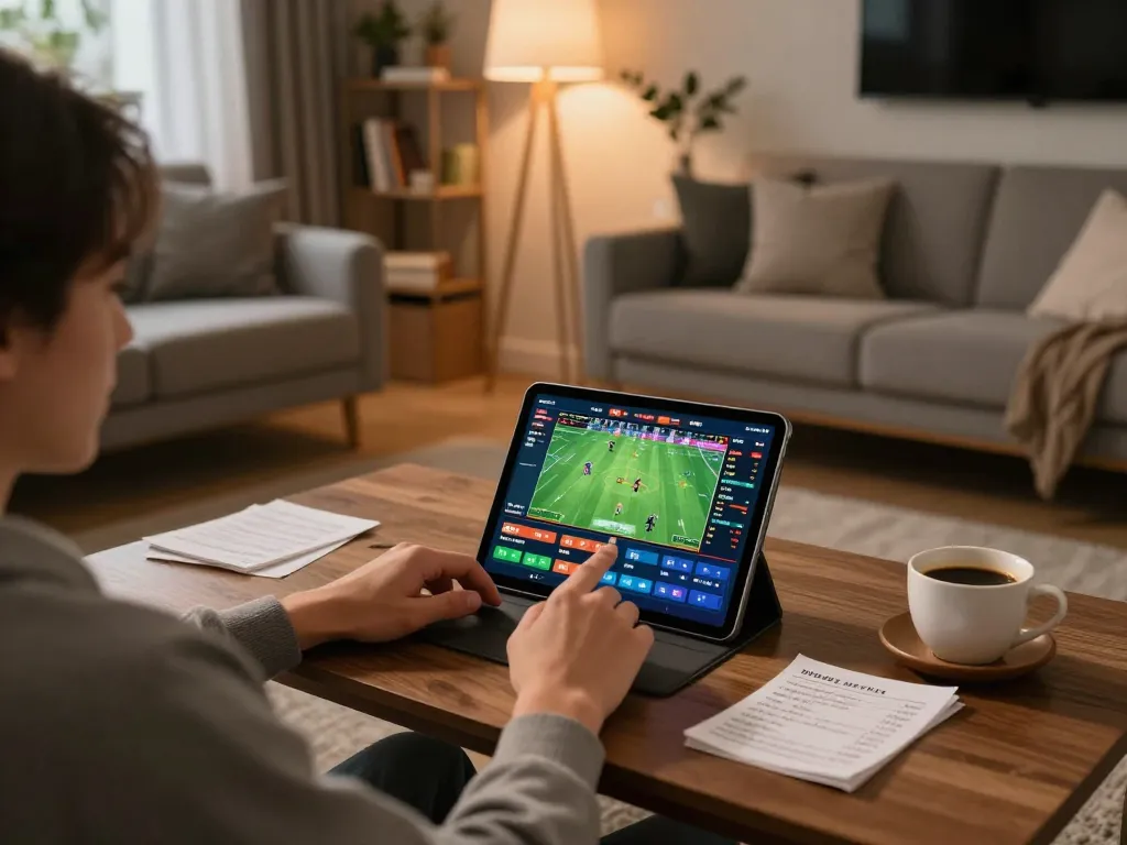 Engaging in online sports betting at home, showcasing the botanicabali experience with a tablet and cozy setup.