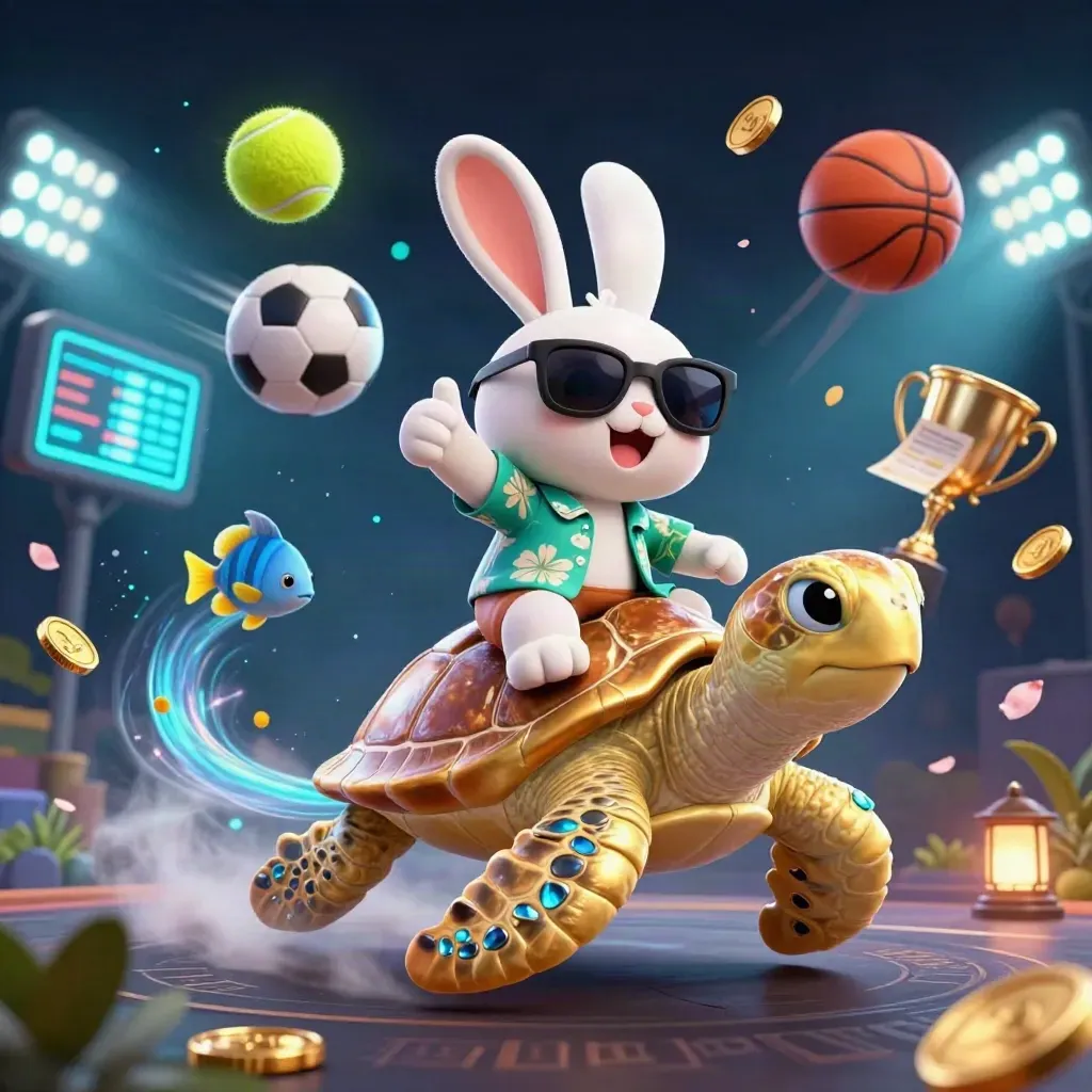 Lucky rabbit on golden sea turtle with flying balls, coins and neon casino lights.