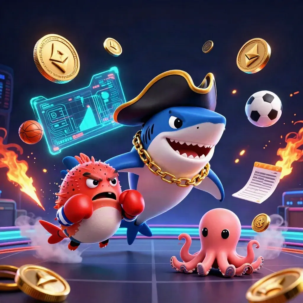 Cartoon shark pirate, pufferfish, and octopus amid casino coins, lightning, and sports props.