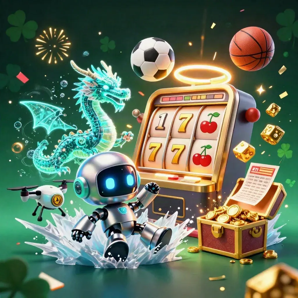 Chrome robot, holographic dragon and drone erupt amid casino icons, balls and ice spray.