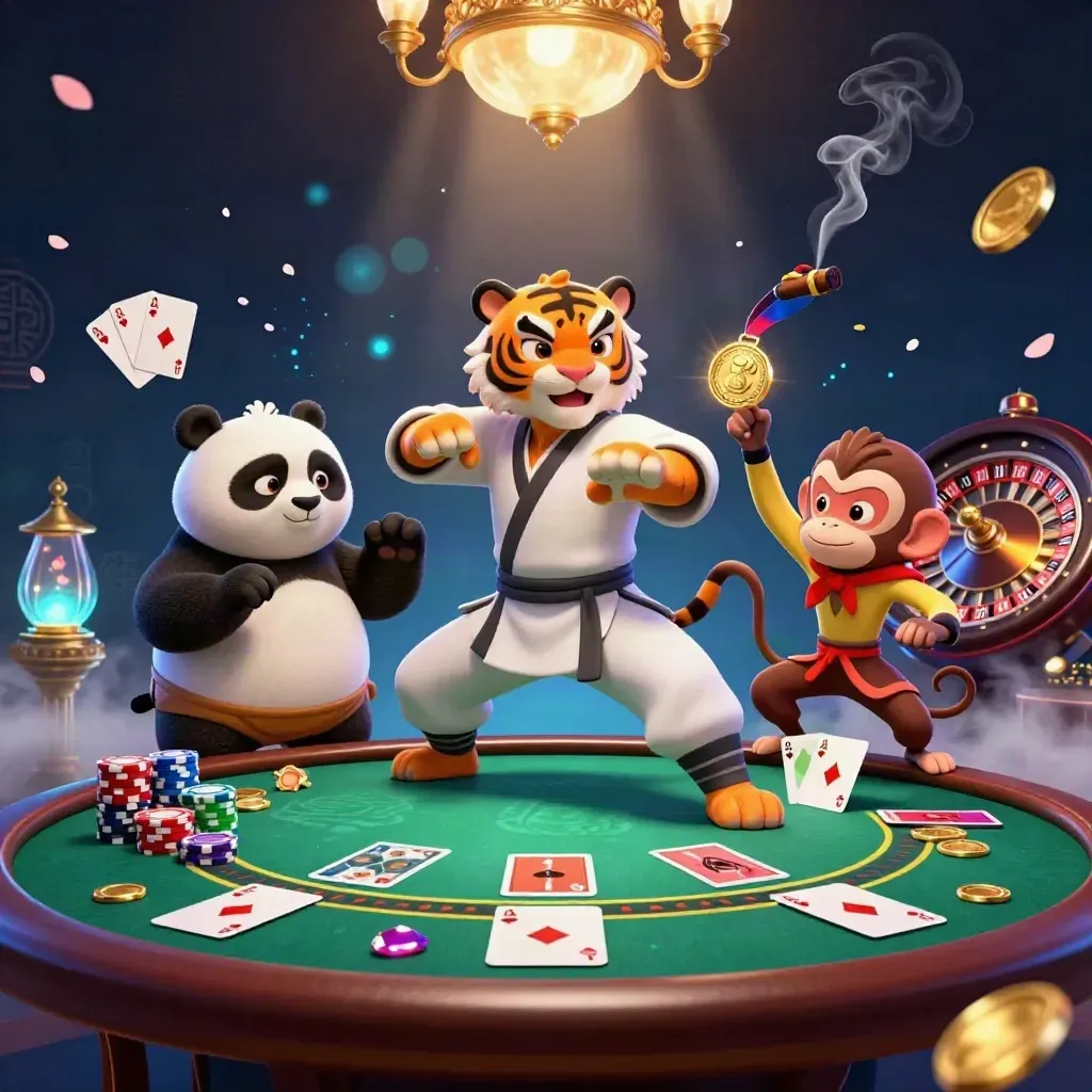 Tiger, panda, and monkey in a luxe neon casino scene with chips, cards, and stormy light.