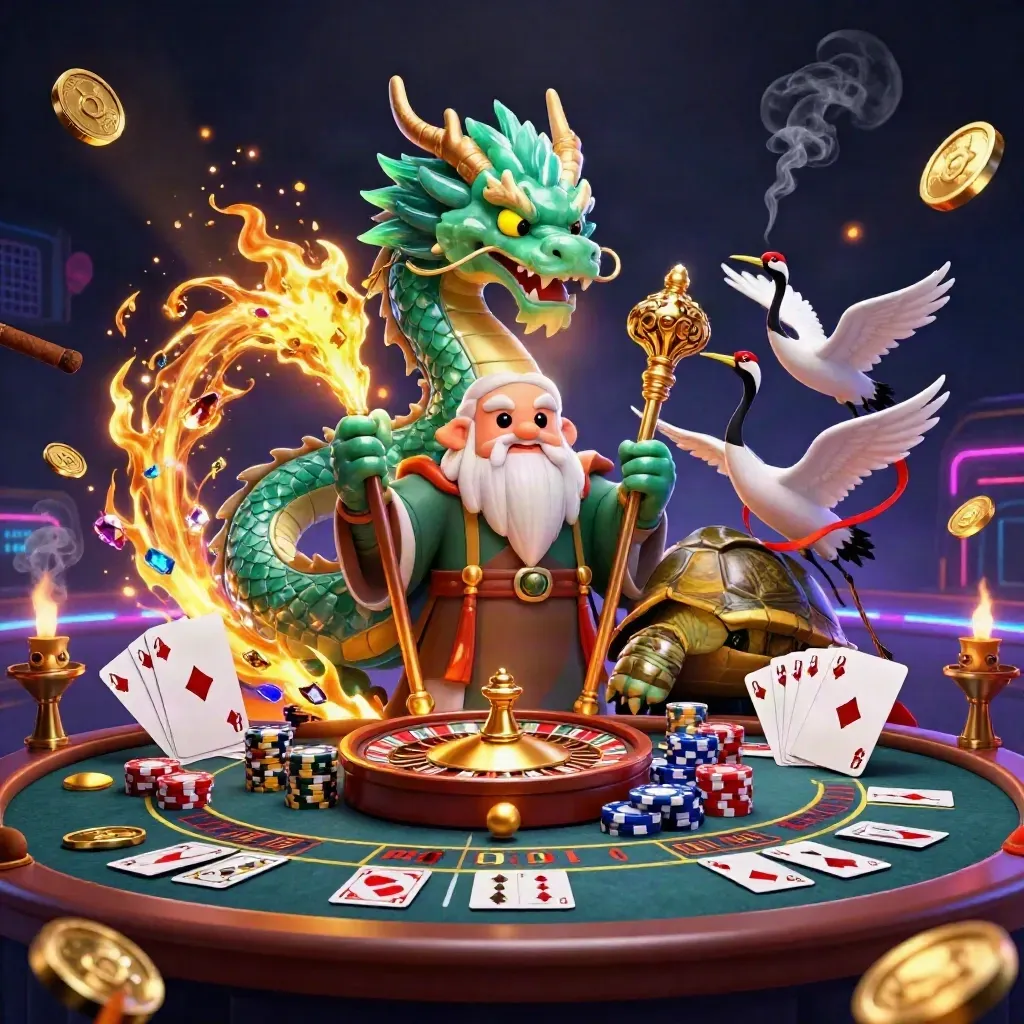 Jade dragon, turtle sage and cranes amid casino gold, teal neon, roulette wheel and chips.