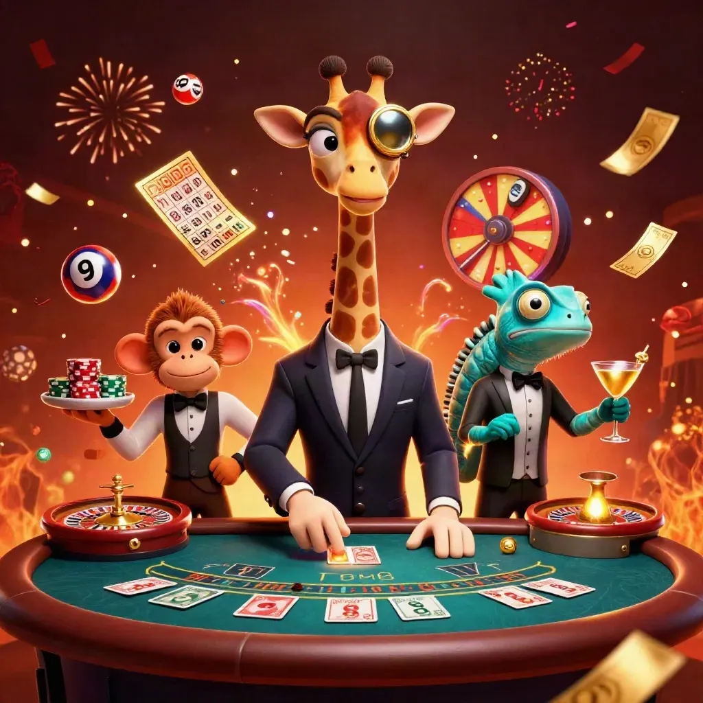 Giraffe high roller, monkey valet, and chameleon bartender amid casino magic and flying jackpots.