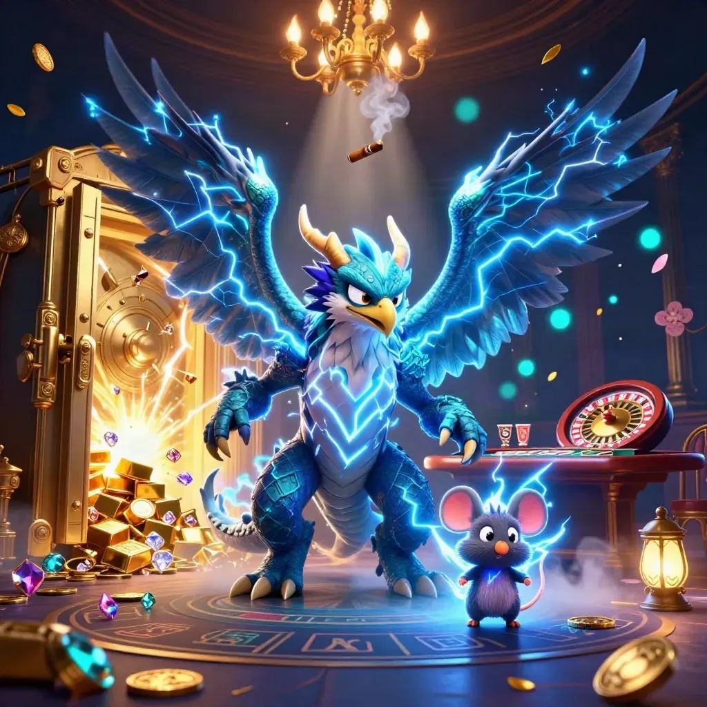 Lightning dragon, wind hawk, and thunder-mouse amid a glowing vault, gold, gems, and casino lights