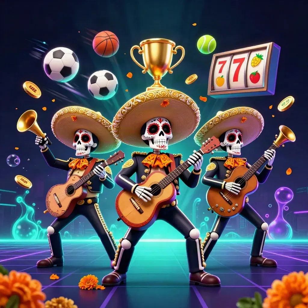 Day-of-the-Dead mariachi skeleton trio with sports balls, trophy, coins, neon casino glow