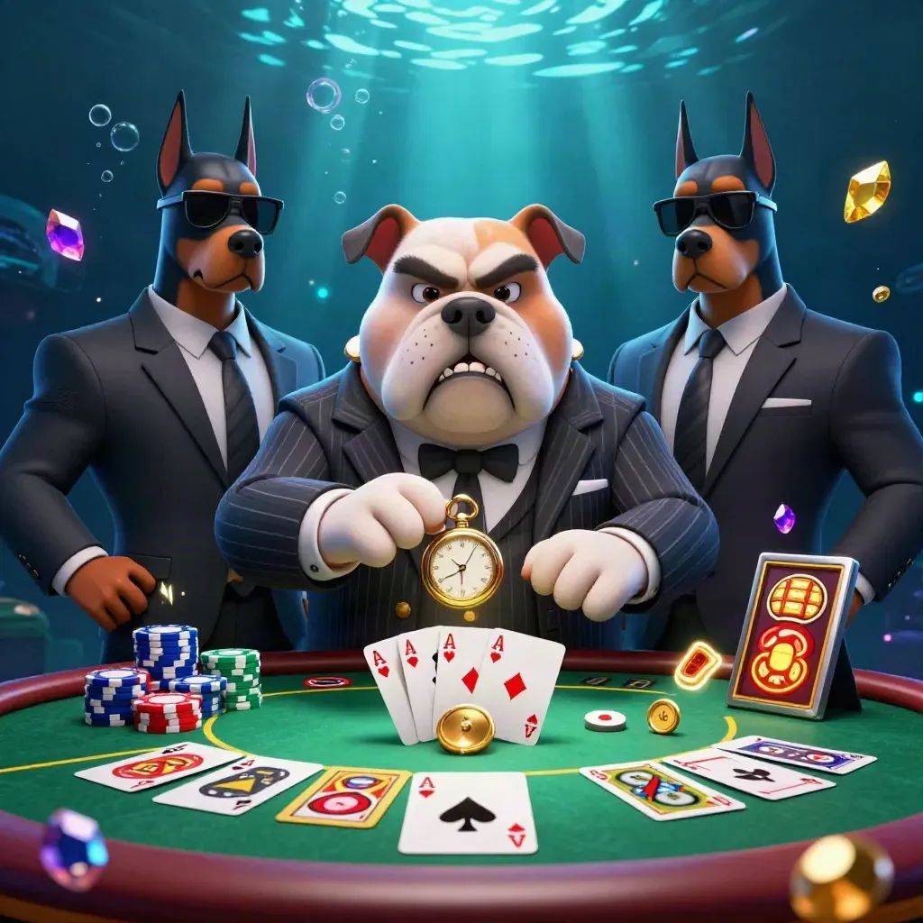 Bulldog mob boss with two Dobermans over a poker table in glowing underwater casino light.