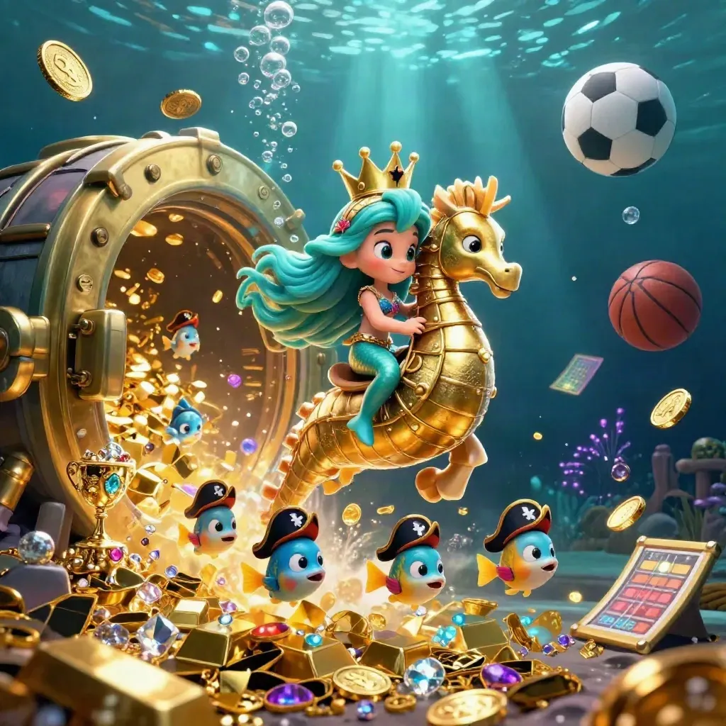 Mermaid princess on golden seahorse amid vault gold, fish, bubbles, and neon underwater fireworks.