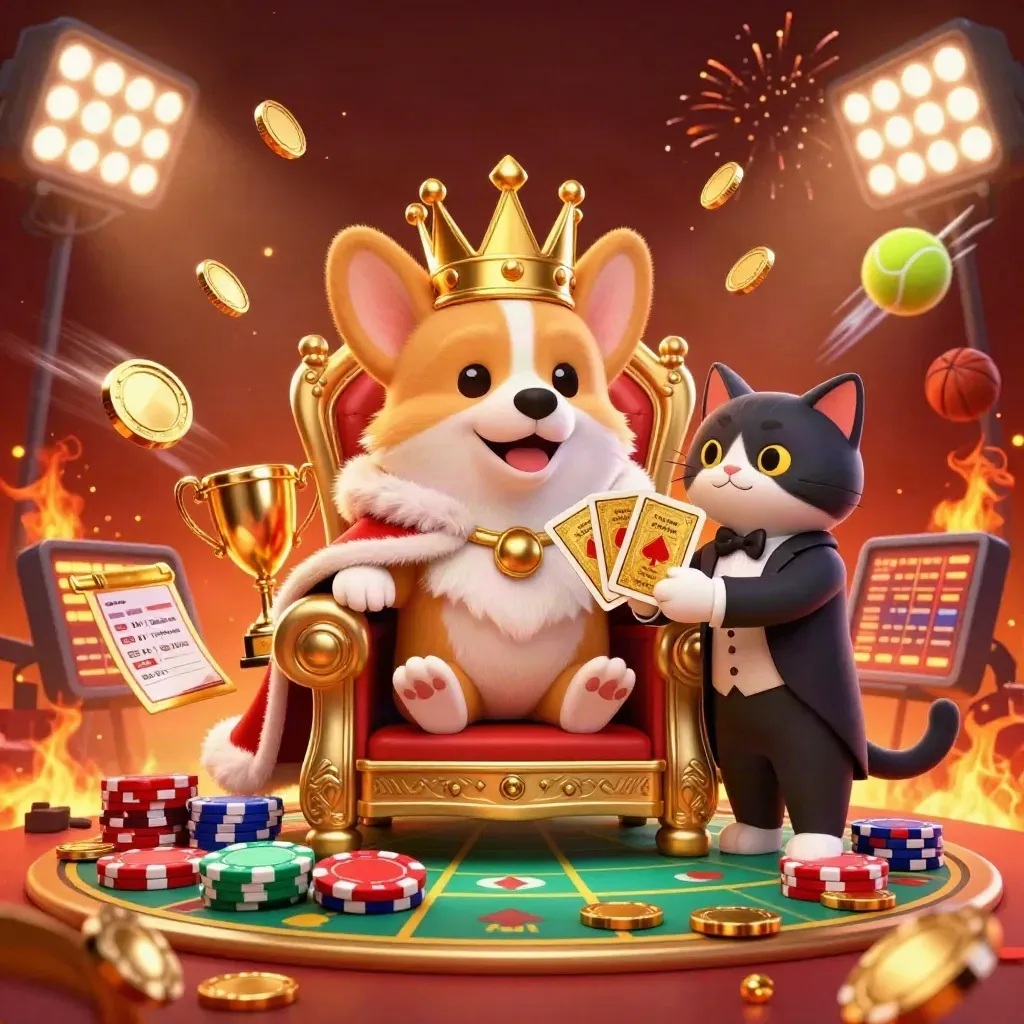 Corgi king and cat butler amid coins, sports balls, trophy, fireworks, and stormy casino lights.