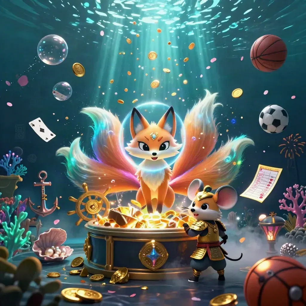 Neon fox spirit and samurai mouse amid treasure, coins, coral, sports icons, and fireworks underwater.