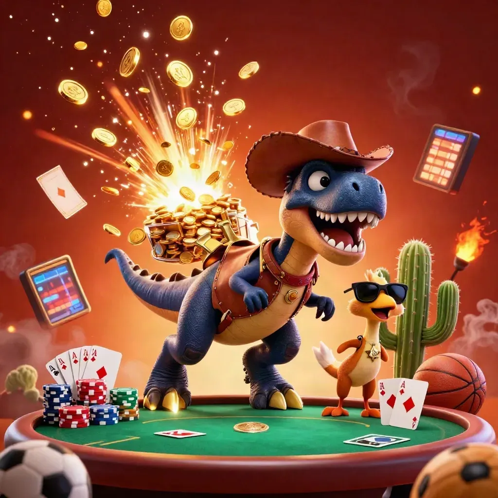 Cowboy T-Rex, cactus and roadrunner amid casino chips, cards, coins and fireworks.