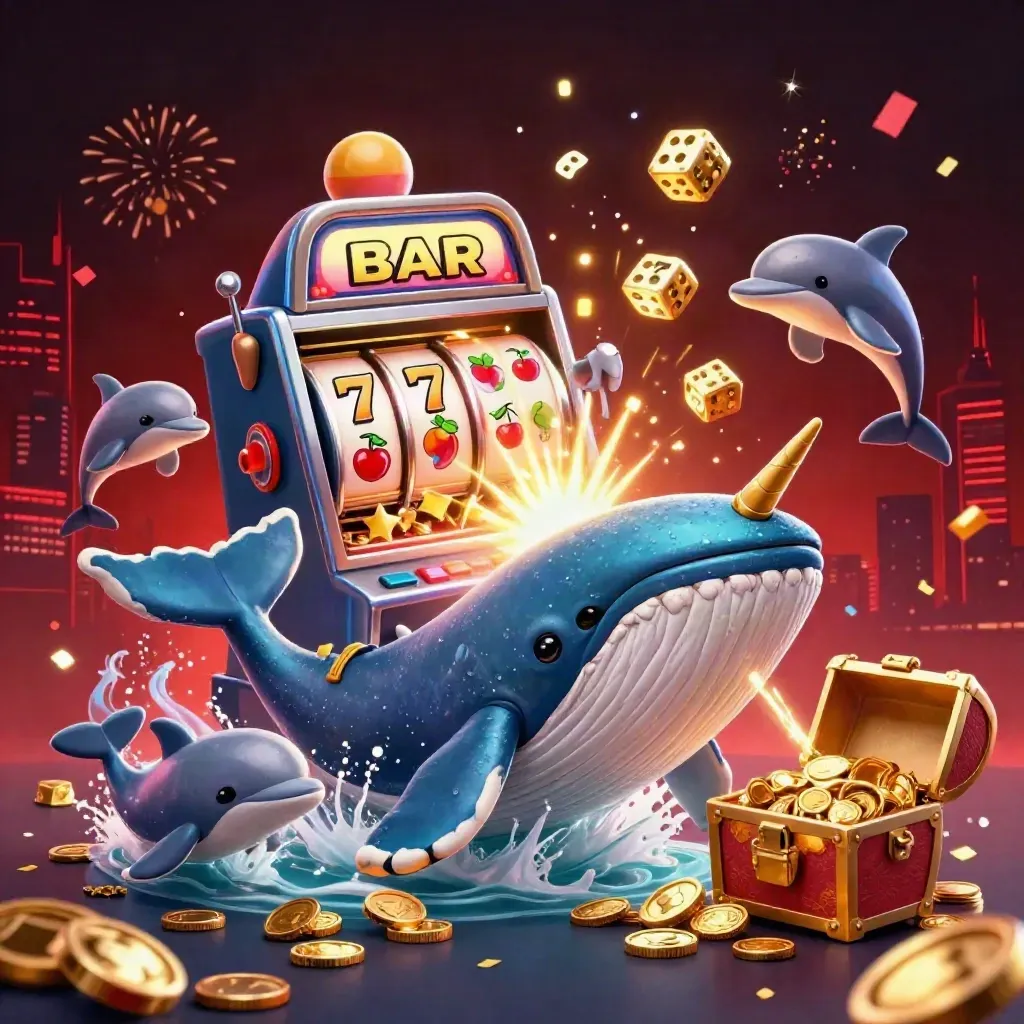 Captain whale, narwhal, and dolphins burst through coins with neon slots, dice, and fireworks.