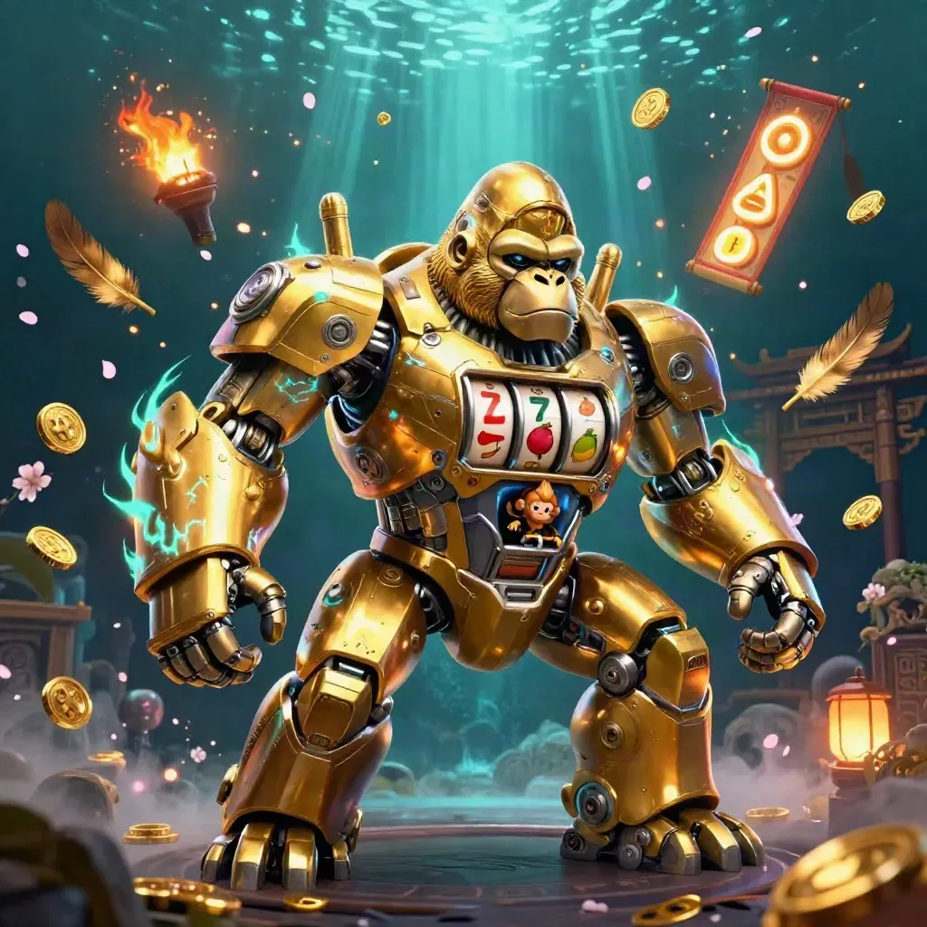 Golden gorilla mech with tiny monkey pilot, reels, teal energy, coins, temple gate, stormy blue glow