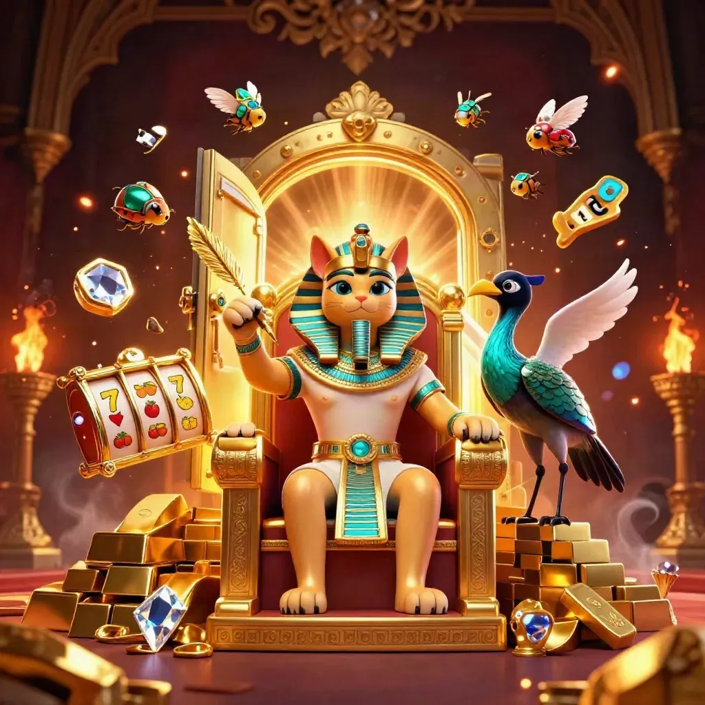 Pharaoh cat on a gold throne with ibis scribe, scarabs, vault burst, and casino symbols in a dark neon scene.