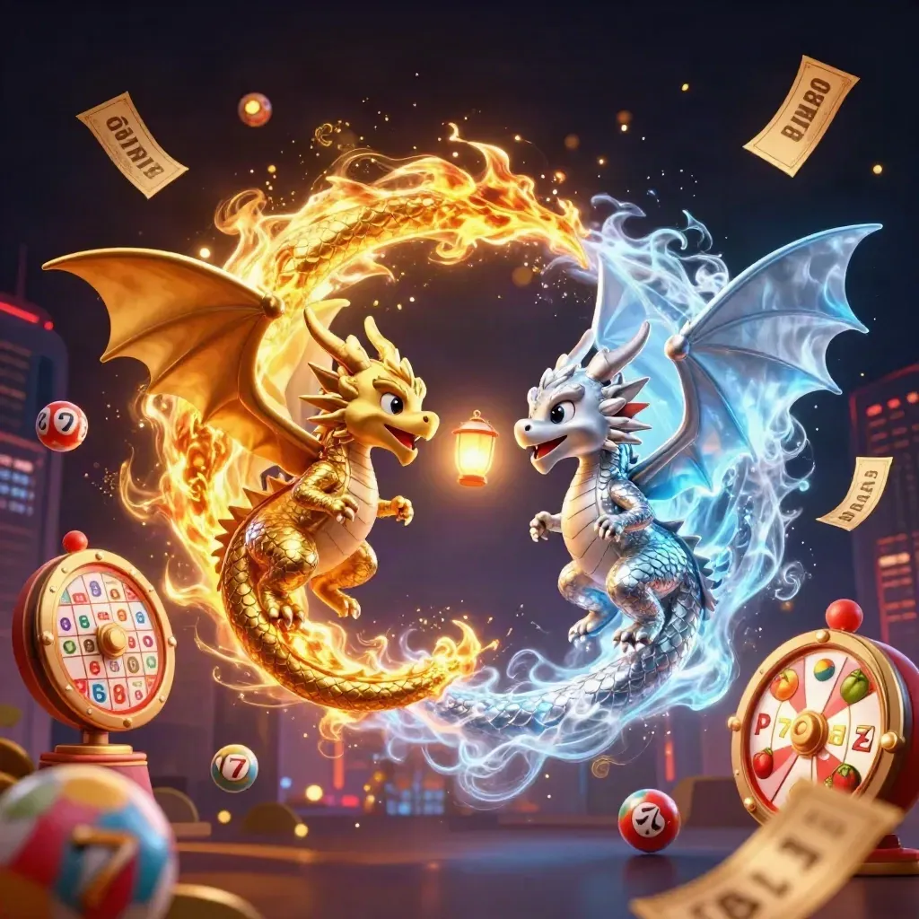 Twin gold and silver dragons spiral in a fiery yin-yang with casino symbols on a dark neon sky.