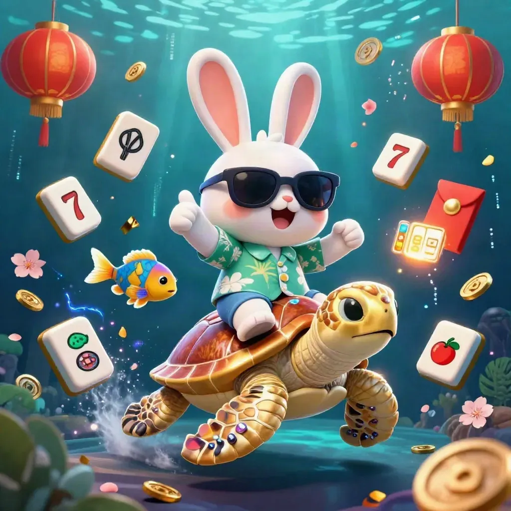 Lucky rabbit on a golden turtle amid casino symbols underwater, glowing teal and gold.