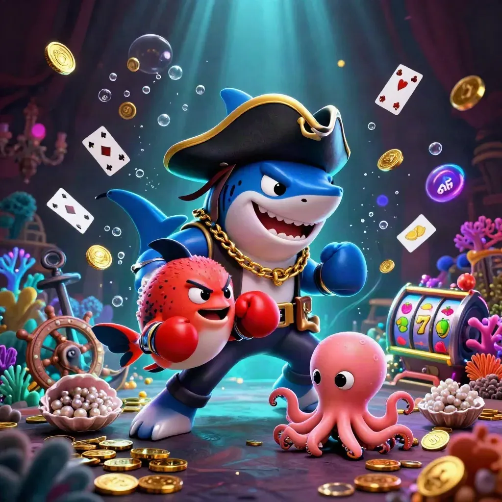 Shark pirate, boxing pufferfish, and coin-juggling octopus in a neon underwater casino cove.