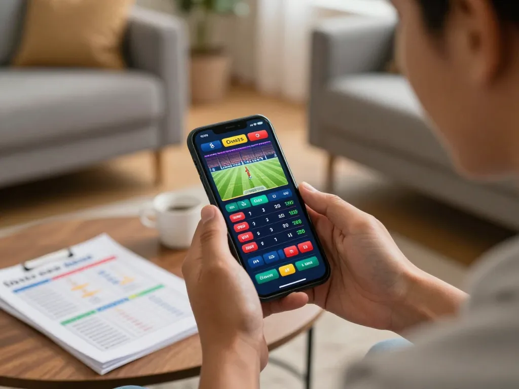 F8BET user placing strategic bets on a mobile app in a cozy living room.